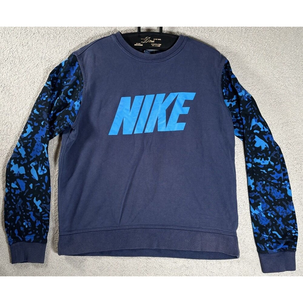 Nike Womens Size L Blue Pull Over Sweater Camo Spell Out Logo Sweatshirt